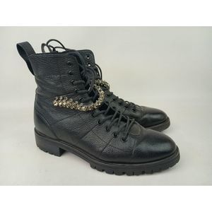 Jimmy Choo Women's Black Cruz Quilted Crystal Embellished Combat Boots Size 37
